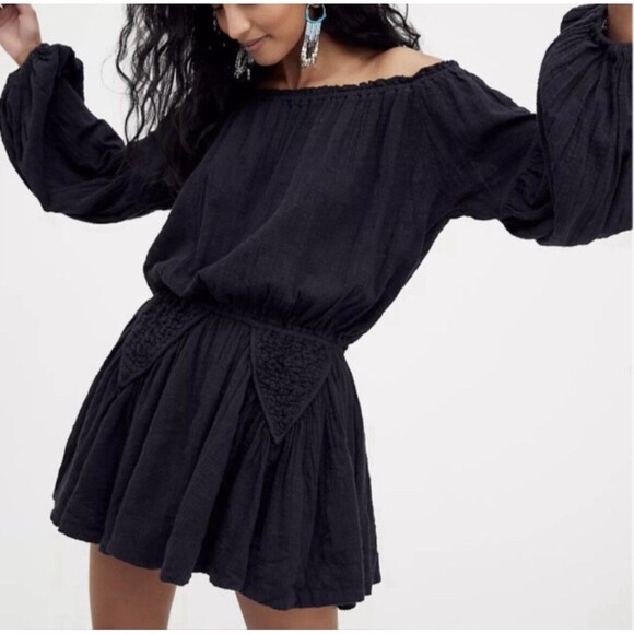 Free People Dress Women’s Large Black Gaia Mini Gauzy Boho Oversized Whimsigoth - Picture 2 of 11